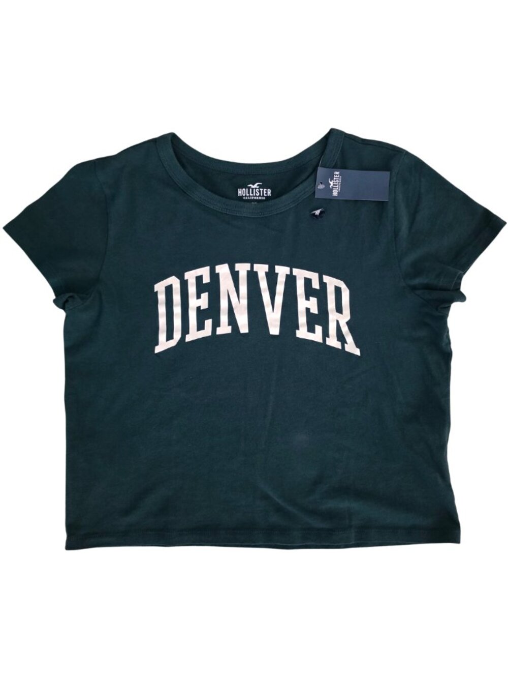 NWT Hollister Dark Forest Green Denver Graphic Baby Tee Crop Top Medium